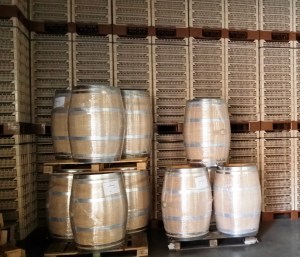 The crates used to dry the Corvina grapes to make Amarone, plus new barrels